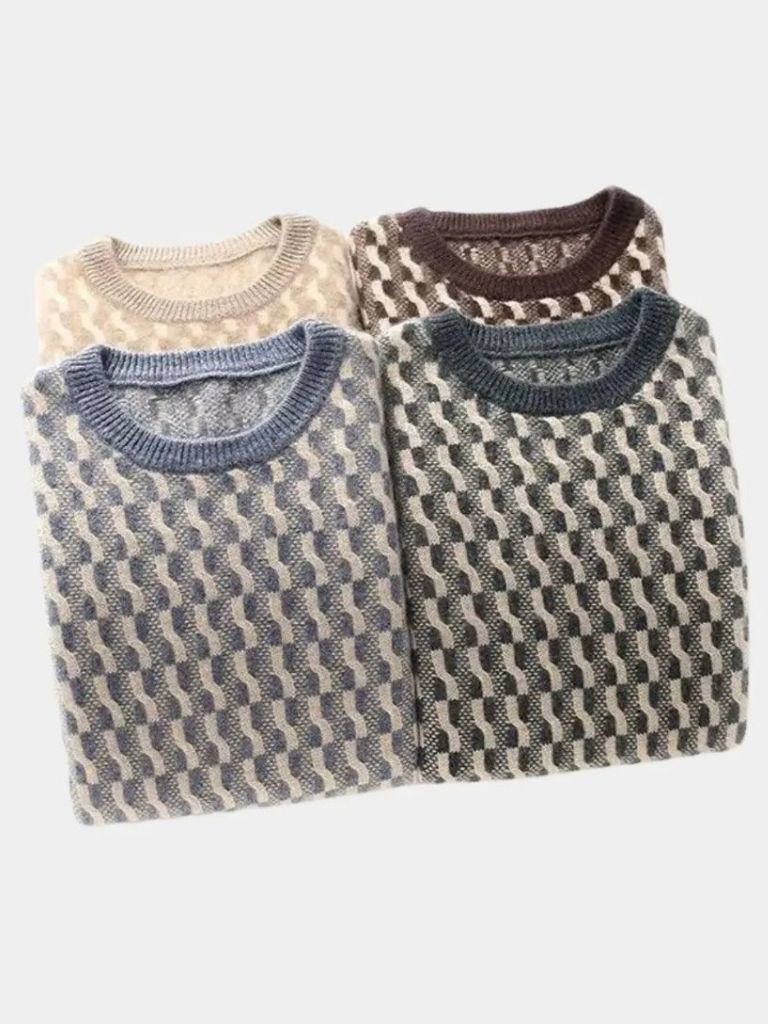 100% Wool Geometric Crew Neck Pullover Sweater - Crown & Cuff