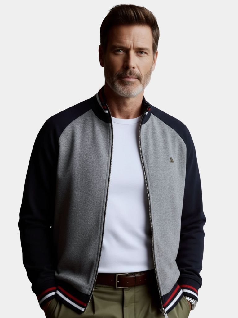 Zipper Color Block Standing Collar Cardigan Sweater - Crown & Cuff