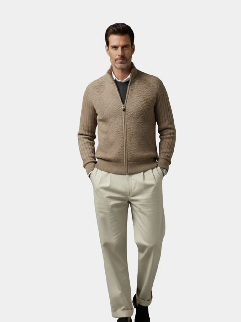 Knit Zipper Jacquard Solid Color Cardigan Sweater - Crown & Cuff