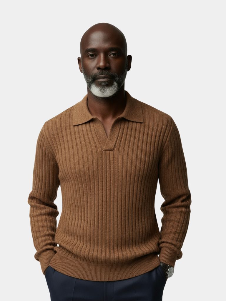 V-Neck Polo Sweater Ribbed - Crown & Cuff
