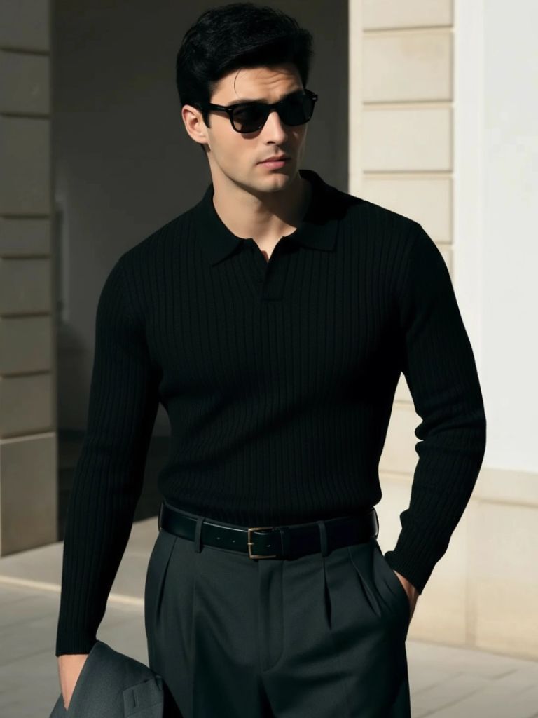 Elegant Open Collar Long Sleeve Polo - Crown & Cuff