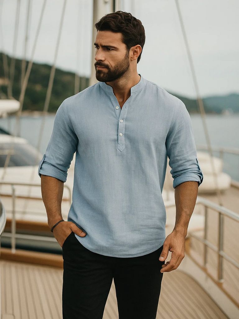 Casual Henley Neck Long Sleeve T-Shirt - Crown & Cuff