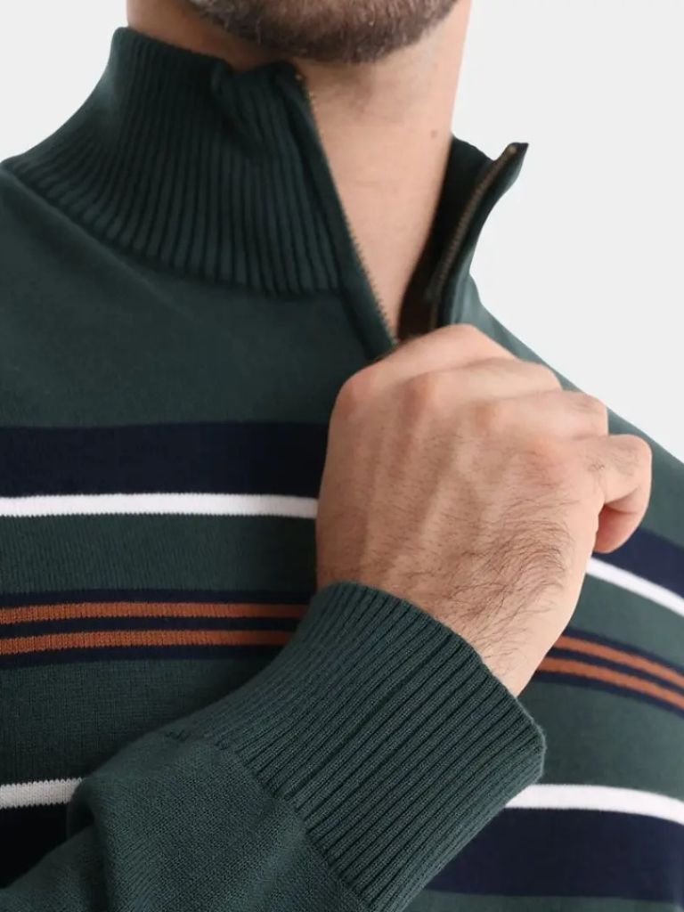 Knit Striped Quarter-Zip Jumper Sweater - Crown & Cuff