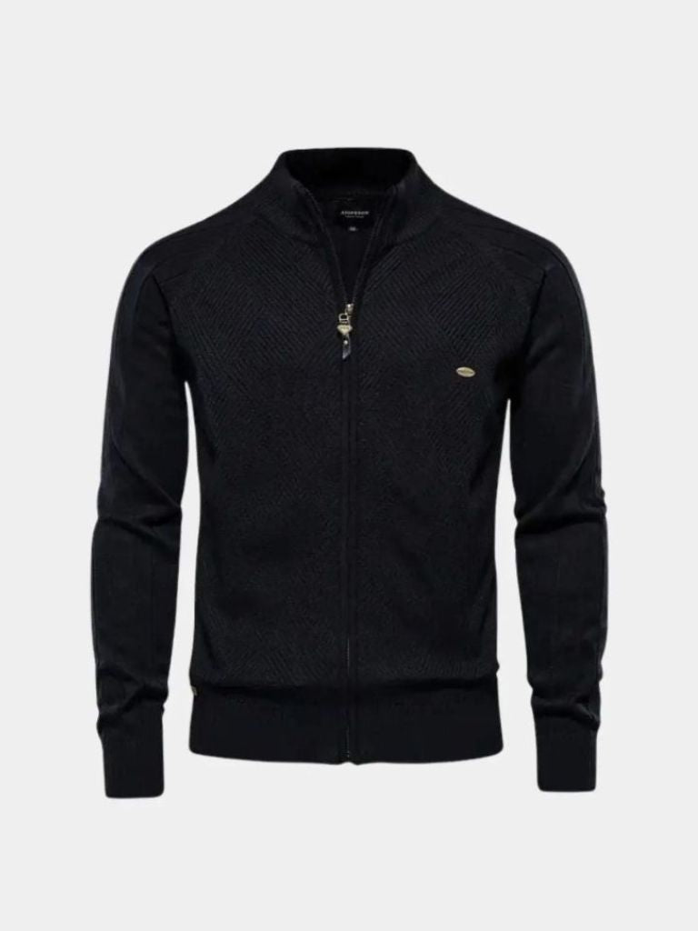 Knit Zipper Jacquard Solid Color Cardigan Sweater - Crown & Cuff