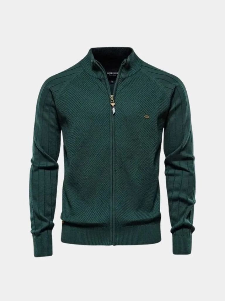 Knit Zipper Jacquard Solid Color Cardigan Sweater - Crown & Cuff