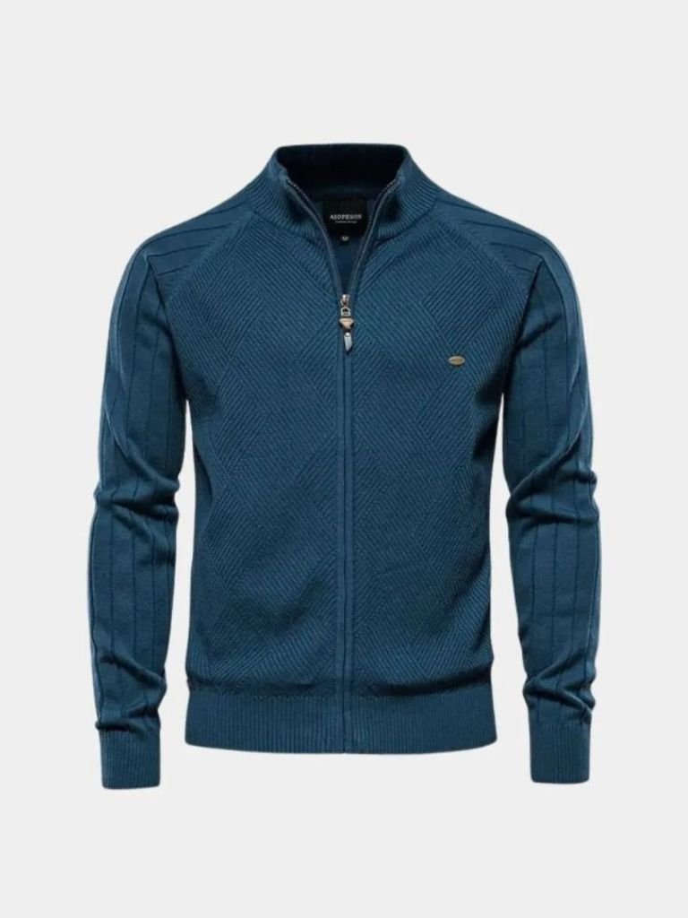 Knit Zipper Jacquard Solid Color Cardigan Sweater - Crown & Cuff