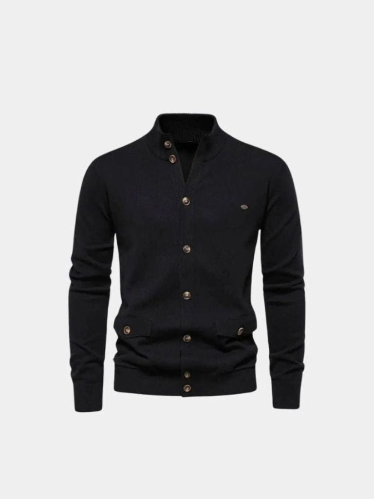 Knitted Stand Collar Cotton Cardigan - Crown & Cuff