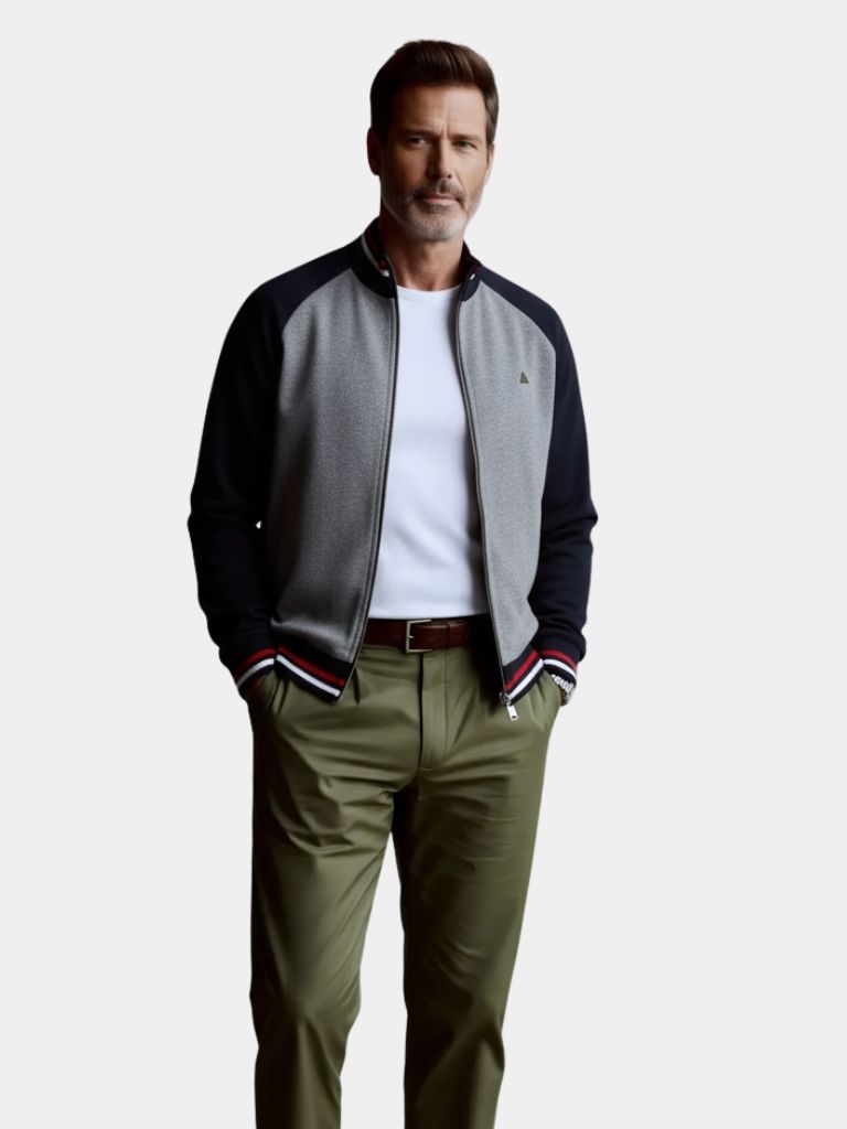 Zipper Color Block Standing Collar Cardigan Sweater - Crown & Cuff