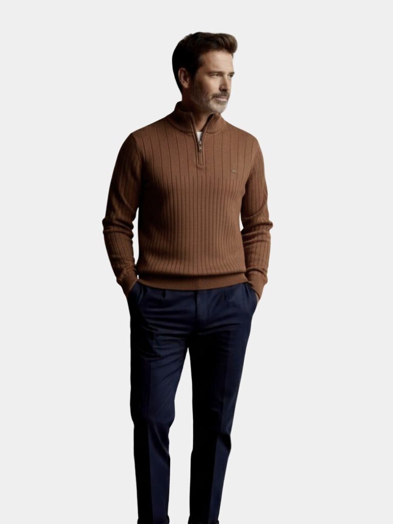 Cotton Knit Vertical Stripes Quarter-Zip Sweater - Crown & Cuff