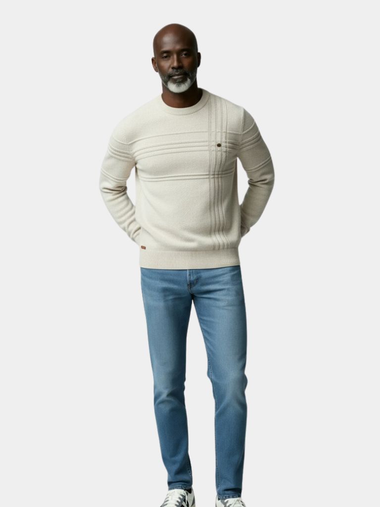 Cotton Knitted Stripped Crew Neck Pullover Sweater - Crown & Cuff