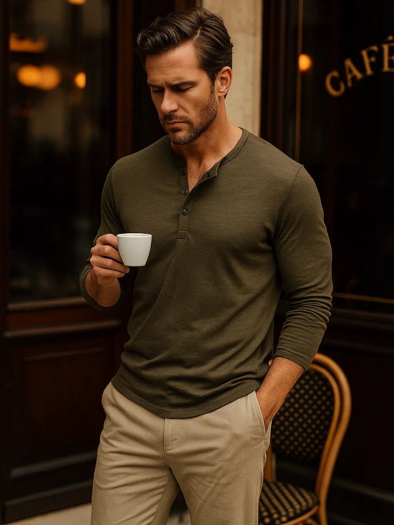 Casual Henley Neck Long Sleeve T-Shirt - Crown & Cuff