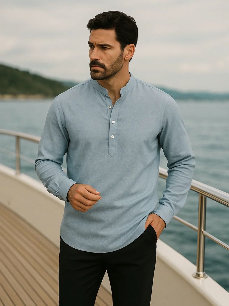 Casual Henley Neck Long Sleeve T-Shirt - Crown & Cuff
