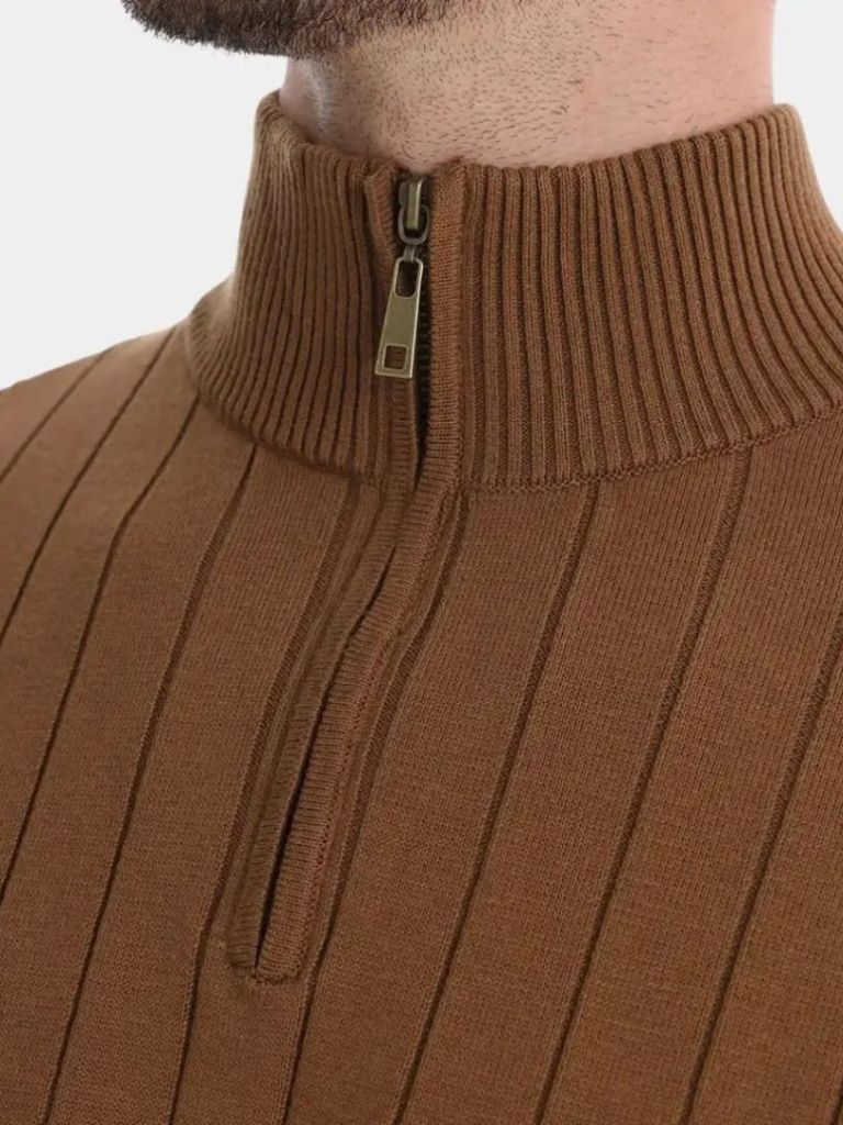 Cotton Knit Vertical Stripes Quarter-Zip Sweater - Crown & Cuff