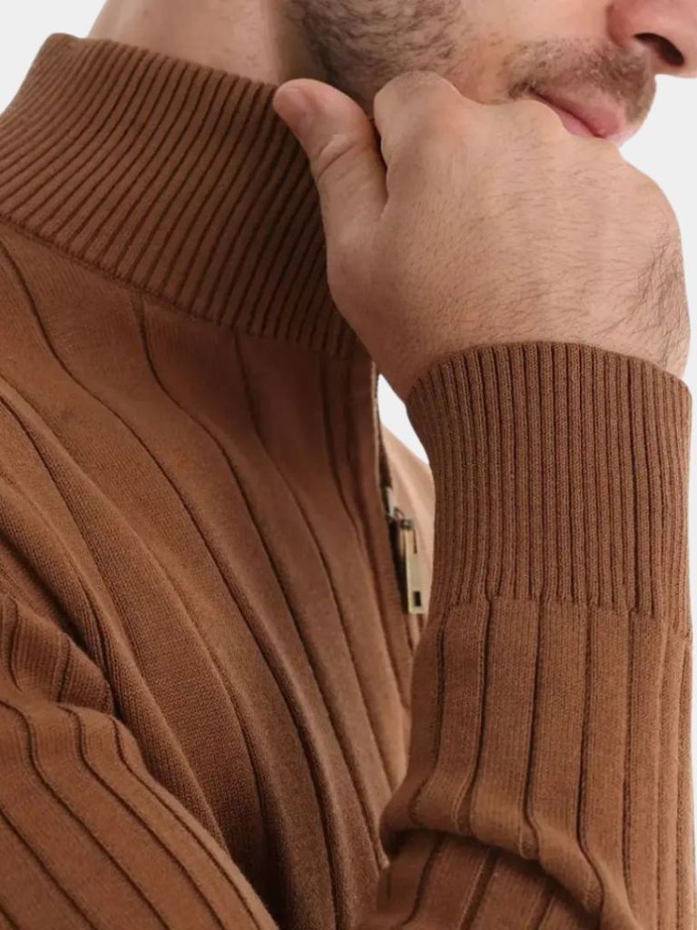 Cotton Knit Vertical Stripes Quarter-Zip Sweater - Crown & Cuff