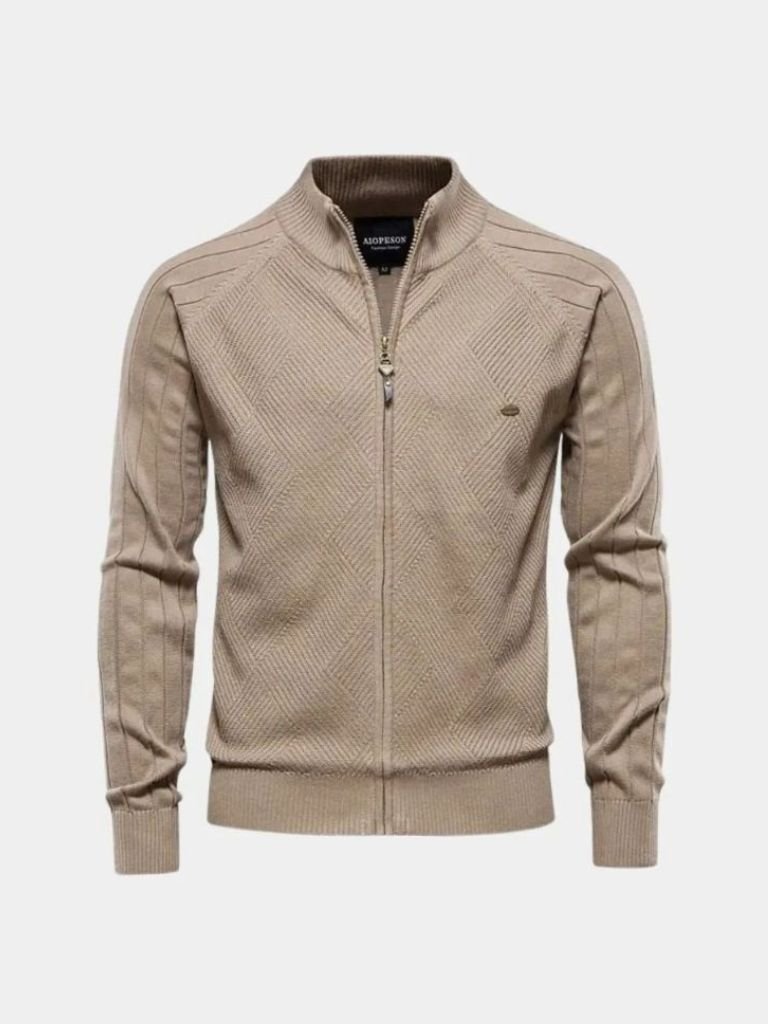 Knit Zipper Jacquard Solid Color Cardigan Sweater - Crown & Cuff