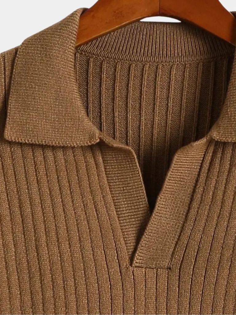 V-Neck Polo Sweater Ribbed - Crown & Cuff