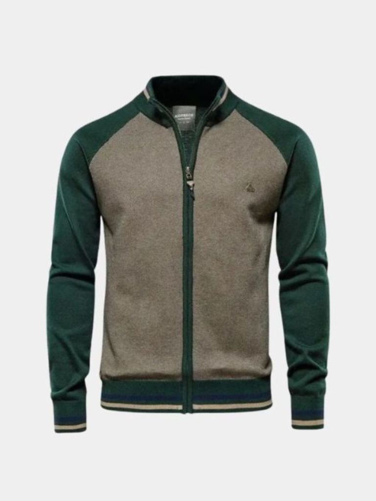 Zipper Color Block Standing Collar Cardigan Sweater - Crown & Cuff