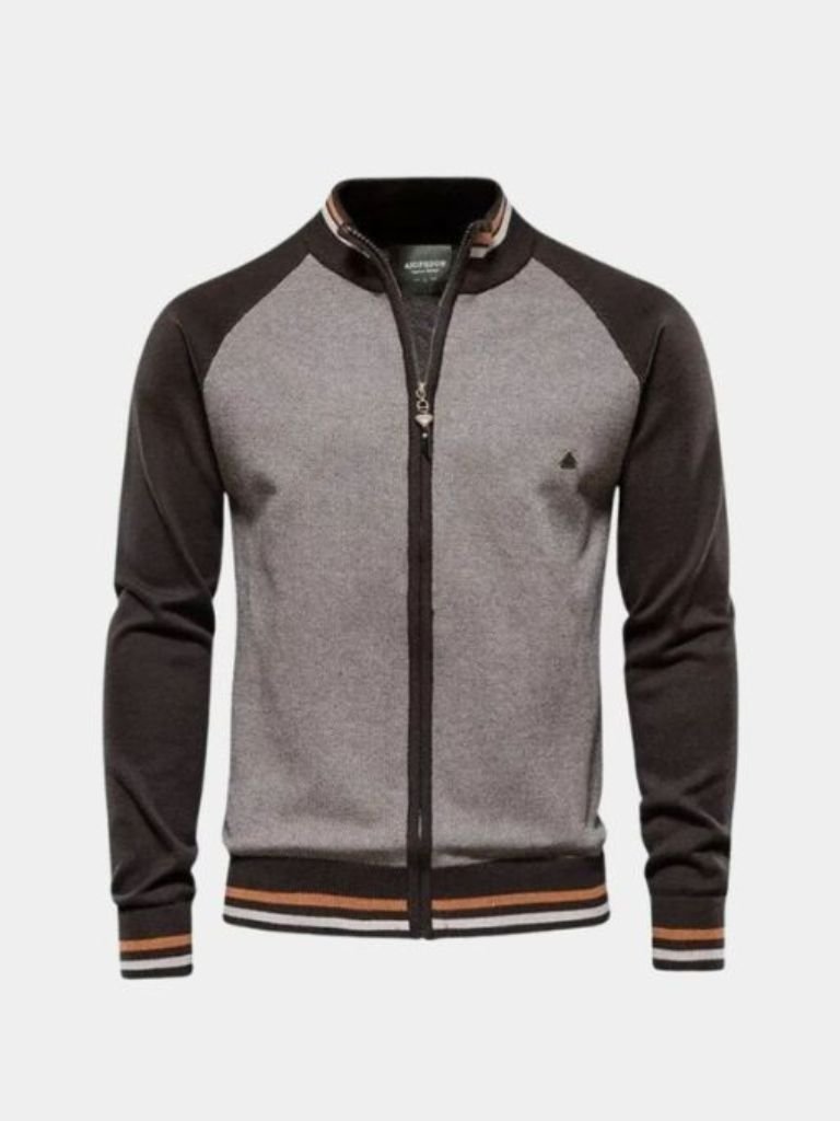 Zipper Color Block Standing Collar Cardigan Sweater - Crown & Cuff